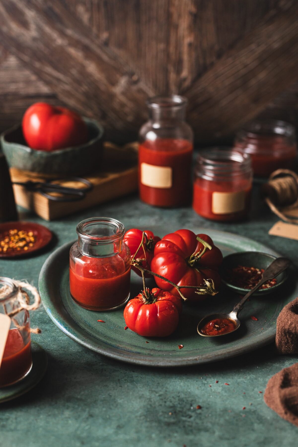 Fotografia kulinarna warzywa: przecier pomidorowy i świeże pomidory, artystyczna aranżacja