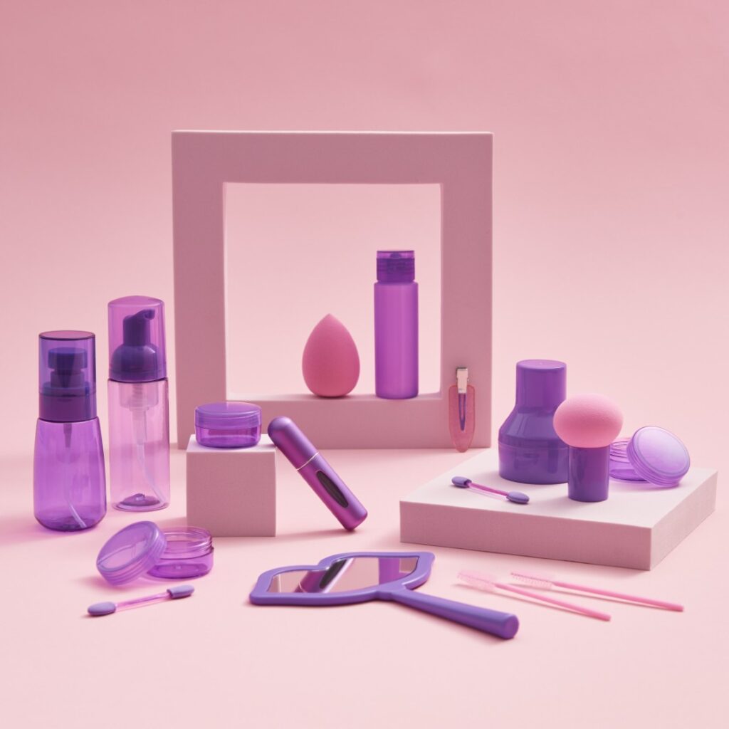 Fotografia produktowa kosmetyki: kompletny zestaw akcesori&oacute;w kosmetycznych, profesjonalna aranżacja beauty