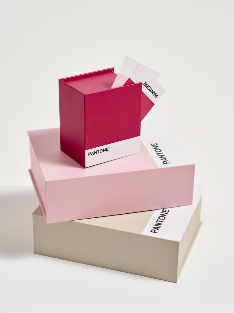 Fotografia produktowa Pantone: pudełko do przechowywania, minimalistyczna aranżacja produkt&oacute;w