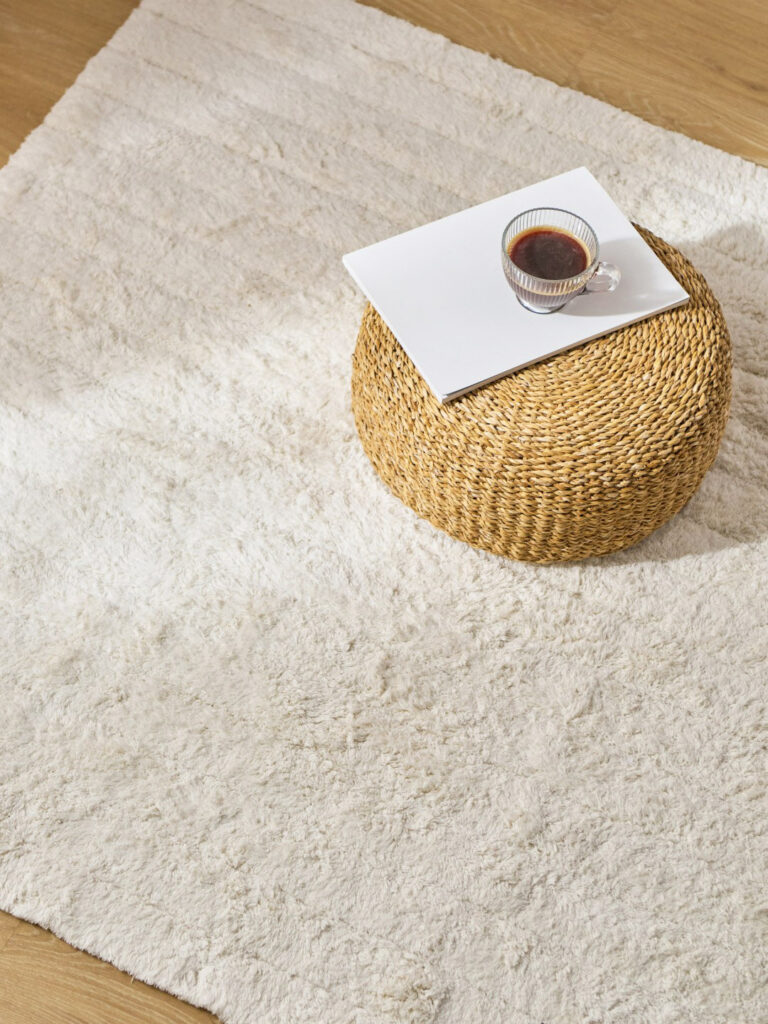 Sesja aranżacyjna home: duży biały dywan, minimalistyczna stylizacja wyposażenia