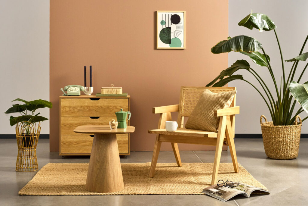 Sesja aranżacyjna Hues of Nature: salon z naturalnymi elementami, fotografia wnętrza aranzacyjna